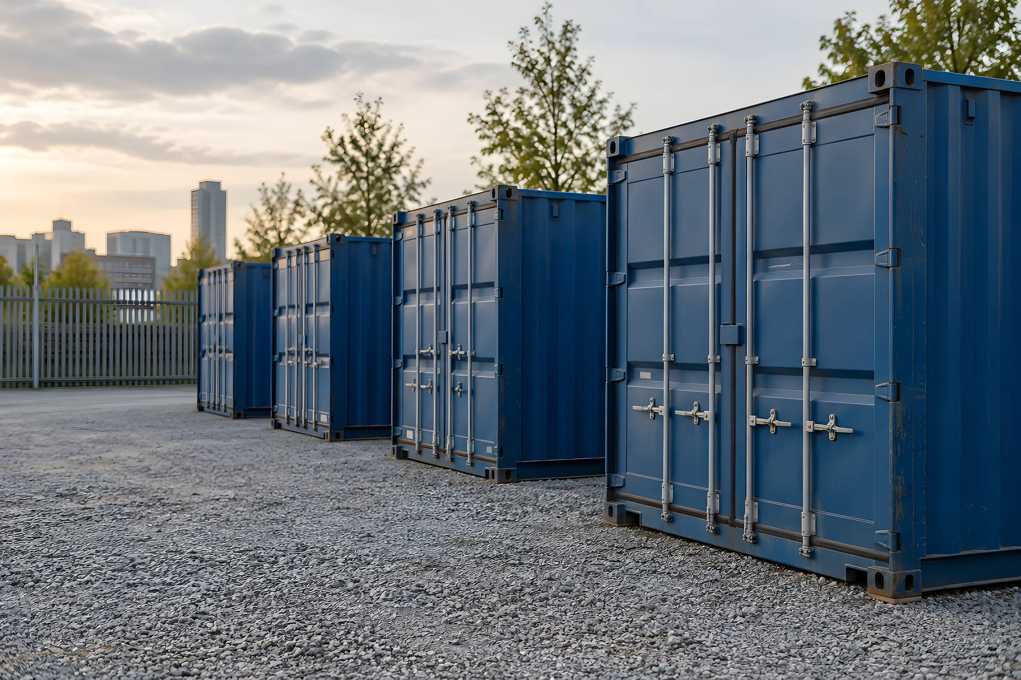 Reihe blauer Lagercontainer mit geschlossenen Doppeltüren auf einem umzäunten Kiesplatz
