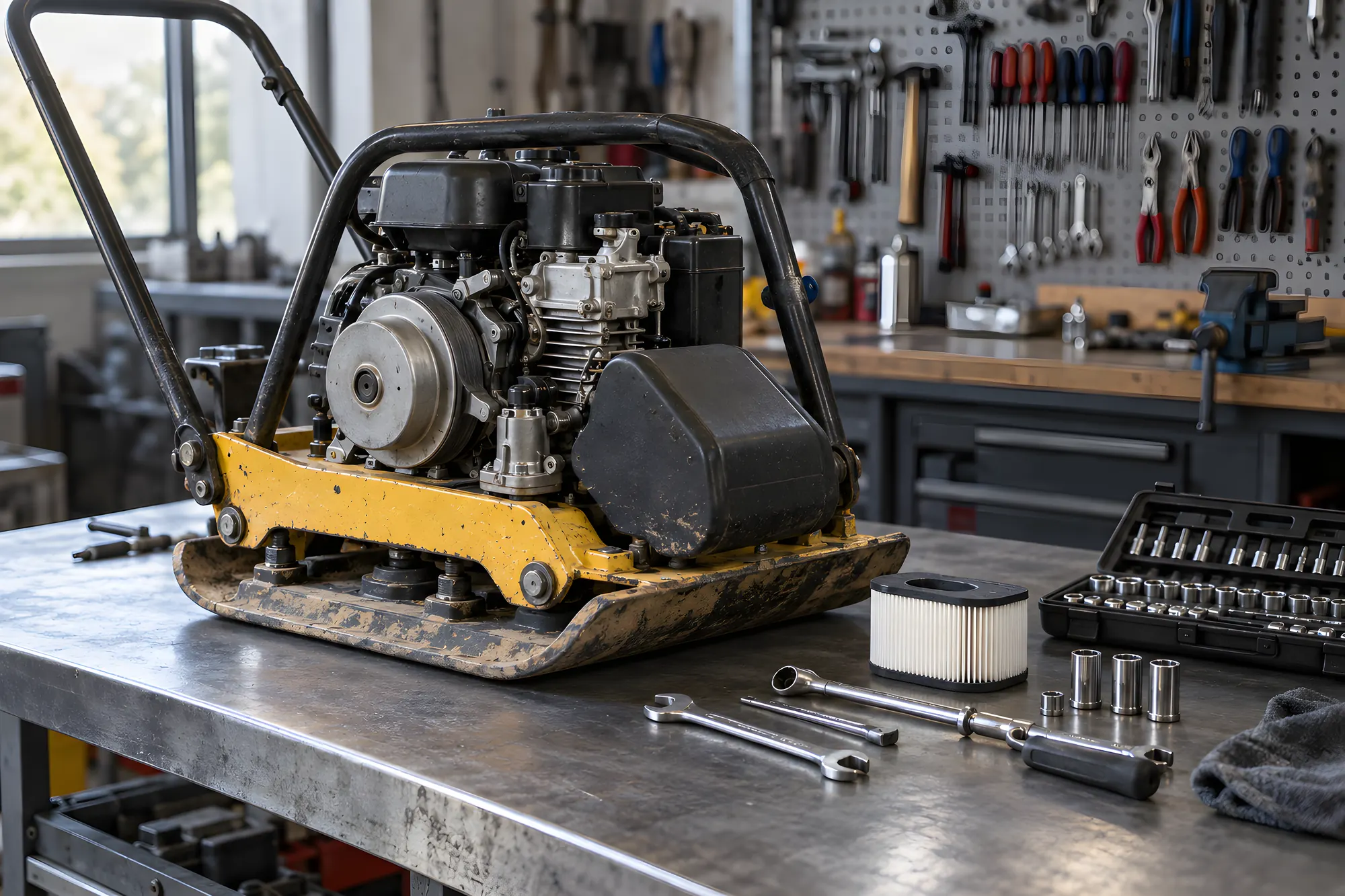 Rüttelplatte mit abgenommener Motorhaube auf einer Werkbank, daneben Schraubenschlüssel, Steckschlüsselsatz und ein neuer Luftfilter